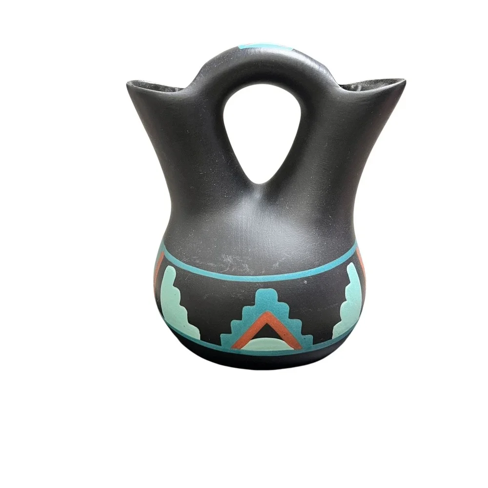 Black‎ Mesa Pottery Wedding Vase Matte Black Southwestern Geometric Signed 5.5